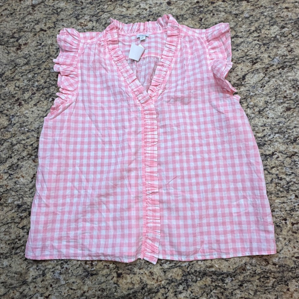 NEW J.Crew Pink Gingham Ruffle Sleeveless Button Front Top XL ws